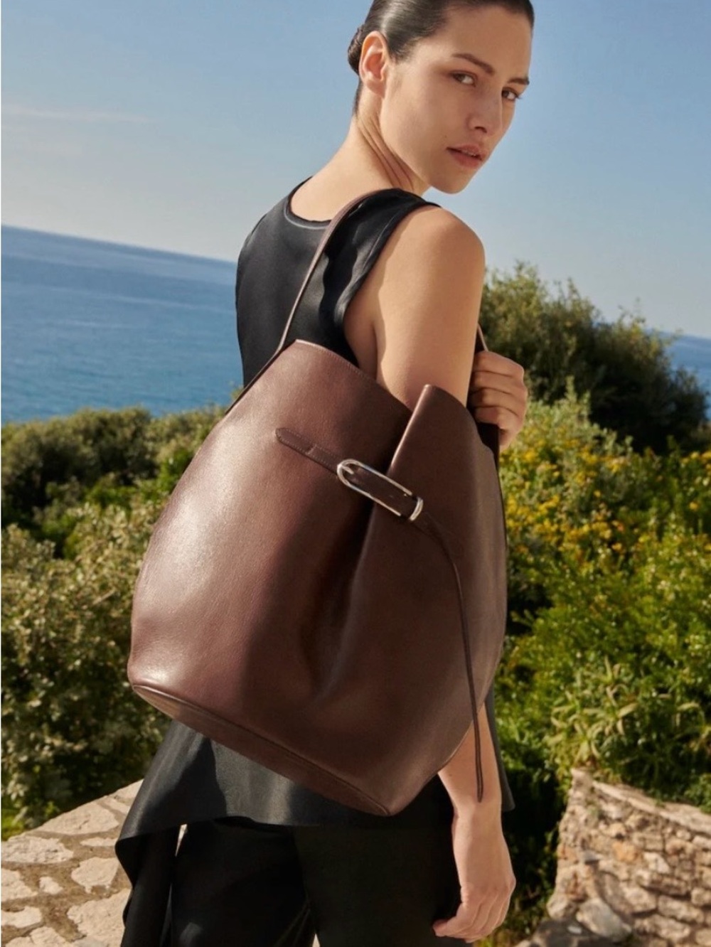 Little Liffner Large Belted Leather Bucket Bag - Dark Brown NWT - Picture 3 of 13